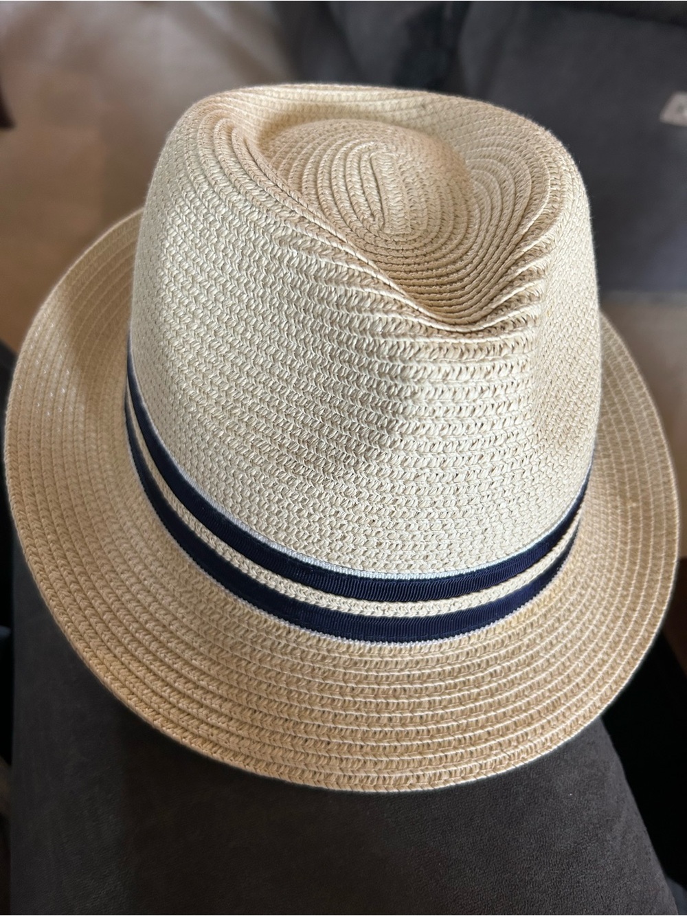 Men's Cream Straw Fedora with Navy Band
